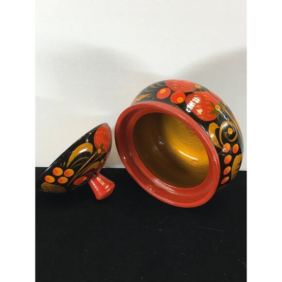 Vintage Russian Khokhloma Lacquered Wood Jar with Lid Painted Red Black - Picture 10 of 10